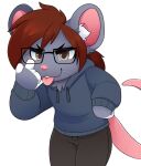 4_fingers alpha_channel anthro black_bottomwear black_clothing black_eyebrows black_pants bottomwear brown_eyes brown_hair buckteeth chest_tuft clothing colored digital_drawing_(artwork) digital_media_(artwork) eyebrows eyewear feve fingers fur glasses grey_body grey_clothing grey_fur grey_hoodie grey_topwear hair hi_res hoodie inner_ear_fluff male mammal markings mouse murid murine pants pink_nose pink_tail rodent shaded simple_background solo tail teeth tongue tongue_out topwear transparent_background tuft wearing_glasses whiskers white_markings