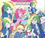  2girls :d absurdres animal animification antenna_hair applejack applejack_(equestria_girls) arm_around_shoulder ball bike_shorts blonde_hair blue_boots blue_eyes blue_jacket blue_skin boots brown_hat closed_eyes colored_skin commentary controller copyright_name cowboy_hat creature_and_personification curly_hair cutie_mark cutie_mark_print electric_guitar english_text equestria_girls:_rainbow_rocks eye_contact folded_wings freckles game_controller green_eyes guitar hat highres holding holding_ball holding_controller holding_game_controller instrument jacket long_hair looking_at_another low-tied_long_hair mirror multicolored_hair multiple_girls multiple_views musical_note my_little_pony my_little_pony:_equestria_girls my_little_pony:_friendship_is_magic o3o open_clothes open_jacket open_mouth pajamas pegasus personification pink_eyes pink_hair pinkie_pie playing_games pointing pony_(animal) rainbow_dash rainbow_dash_(equestria_girls) rainbow_hair rearing ryuu_(ryuraconis) shirt sitting smile smirk soccer_ball spoken_musical_note sweatdrop u_u white_shirt wristband 