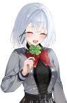  1girl absurdres blush bow bowtie closed_eyes clover commentary_request four-leaf_clover grey_eyes hair_ornament highres holding holding_clover kamoshi long_sleeves looking_at_viewer open_mouth short_hair siesta_(tantei_wa_mou_shindeiru) simple_background smile solo tantei_wa_mou_shindeiru white_background white_hair x_hair_ornament 