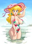  1girl absurdres alternate_breast_size_(larger) bikini blonde_hair blue_eyes breasts commentary commentary_request earrings hat highres jewelry large_breasts long_hair mario_(series) mineru128127 one-piece_swimsuit open_mouth partially_submerged princess_peach solo sun_hat swimsuit thighs water wide_hips 