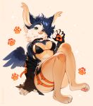 2026 5_fingers absurd_res anthro apchuyuji avian back_wings barefoot beak bent_legs bikini blue_hair claws clothed clothing digital_media_(artwork) eyebrow_piercing facial_piercing feathered_wings feathers feet female finger_claws fingers footprint fur gloves gryphon hair handwear hi_res inno-sjoa_(character) jacket leg_belt looking_at_viewer mythological_avian mythological_creature mythology pantsless partially_clothed paw_gloves pawprint paws piercing simple_background sitting skimpy small_waist smile smiling_at_viewer solo sparkles swimwear tan_body tan_fur teacup_gryphon thick_thighs toe_claws topwear two-piece_swimsuit white_background white_body white_fur wings