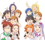  6+girls :d ^_^ ahoge akizuki_ritsuko antenna_hair arm_up black_hair blonde_hair blue_eyes blue_hair brown_eyes closed_eyes commentary_request facing_viewer futami_ami futami_mami ganaha_hibiki green_eyes grey_hair grin hagiwara_yukiho hairband hand_up highres holding holding_microphone hoshii_miki idolmaster idolmaster_(classic) idolmaster_shiny_festa index_finger_raised jacket kikuchi_makoto kisaragi_chihaya lapels long_hair looking_at_viewer microphone minase_iori miura_azusa multiple_girls notched_lapels official_alternate_costume open_mouth orange_hair ponytail purple_eyes shijou_takane short_hair side_ponytail simple_background smile symphony_no._765_(idolmaster) takatsuki_yayoi tsubobot twintails v v-shaped_eyebrows white_background white_jacket 