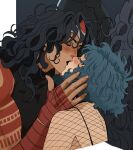  2girls absolute_dc absolute_wonder_woman amazon_warrior arm_wrap black_hair blue_hair blush closed_eyes commentary curly_hair dc_comics english_commentary fishnet_top fishnets hand_on_another's_face highres kiss long_hair marceline2174 multiple_girls muscular muscular_female red_tattoo tattoo tattoo_sleeve tiara wonder_woman wonder_woman_(absolute_dc) wonder_woman_(series) yuri zatanna_zatara zatanna_zatara_(absolute_dc) 
