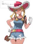  1girl absurdres arm_tattoo bare_shoulders belt black_shirt blonde_hair blue_eyes blue_overalls braid breasts collarbone commentary_request cowboy_hat denim denim_overalls farmer freckles gloves hat highres honyaru_(nanairo39) kitt_(pokemon) large_breasts long_hair looking_at_viewer medium_breasts one_eye_closed open_mouth overall_shorts overalls pokemon pokemon_champions red_belt red_hat shirt simple_background sleeveless sleeveless_shirt smile solo tattoo twin_braids white_background white_gloves 