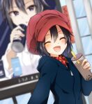  1girl :d ad_(object) black_hair blue_jacket blush bubble_tea building closed_eyes collared_shirt commentary_request double-parted_bangs drink drinking_straw facing_viewer from_side hair_between_eyes hat highres holding holding_drink hood hood_down hooded_jacket idolmaster jacket kikuchi_makoto long_sleeves mani_(manidrawings) medium_hair open_mouth outdoors plaid_clothes plaid_shirt red_hat red_shirt shirt sidelocks smile solo upper_body 