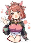  1girl :d \||/ ahoge animal_ears artist_name black_shirt blush breasts brown_hair commentary_request crop_top cropped_shirt cropped_torso dantsu_flame_(center_spotlight)_(umamusume) dantsu_flame_(umamusume) dot_nose hair_ribbon hand_up highres horse_ears horse_girl large_breasts long_sleeves looking_at_viewer midriff navel open_mouth pink_ribbon ribbon shirano_akihiro shirt short_hair simple_background smile solo umamusume white_background yellow_eyes 