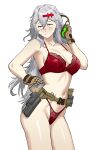  1girl absurdres belt bra breasts brown_gloves cowboy_shot gloves goddess_of_victory:_nikke grey_hair gun handgun highres holster lace-trimmed_bra lace-trimmed_panties lace_trim large_breasts long_hair messy_hair navel ogirin3948 panties red_bra red_panties scar scar_on_hip scar_on_stomach solo standing thighs underwear very_long_hair weapon white_background yellow_eyes yulha_(nikke) 