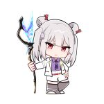  1girl blunt_bangs chibi chibi_only closed_mouth collared_shirt double_bun dress_shirt eyelashes full_body grey_hair grey_thighhighs hair_between_eyes hair_bun hand_on_own_hip heaven_burns_red highres holding holding_scythe jacket light_smile long_sleeves looking_at_viewer medium_hair necktie official_alternate_costume open_clothes open_jacket purple_necktie purple_shirt red_eyes rrtp scythe shirt shorts simple_background solo sparkle standing straight_hair suit suit_jacket thick_eyebrows thighhighs tsurime twintails v-shaped_eyebrows white_background white_jacket white_shorts white_suit yamawaki_bon_ivar yamawaki_bon_ivar_(blue_sky_beyond_the_clouds) zettai_ryouiki 