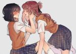  2girls absurdres black_hair black_skirt blue_eyes blush braid brown_hair brown_sweater_vest closed_mouth commentary earrings english_commentary eye_contact grey_background half_up_braid hand_on_another's_face highres jewelry long_hair looking_at_another medium_hair miyagi_shiori multiple_girls parted_lips plaid_clothes plaid_skirt pleated_skirt purple_eyes school_uniform sendai_hazuki shirt shuuniichido_classmate_wo_kau_hanashi simple_background skirt stud_earrings sweater_vest twitter_username uyvnvy white_shirt yuri 