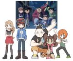  2girls 3boys anime_screenshot_inset black_hair black_shoes blue_jacket boots brown_hair calem_(pokemon) closed_mouth collared_shirt commentary_request eyewear_on_headwear grey_eyes hands_in_pockets hat jacket kuru_(4rfw7) long_hair meitantei_conan multiple_boys multiple_girls open_mouth outline pants parted_bangs pink_shirt pink_shoes pleated_skirt pokemon pokemon_x_and_y ponytail red_hat red_skirt reference_inset screenshot_inset serena_(pokemon) shauna_(pokemon) shirt shoes short_sleeves shorts skirt sleeveless sleeveless_shirt sunglasses sweatdrop t-shirt thighhighs tierno_(pokemon) vest 
