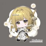  1girl :3 black_shoes blonde_hair blunt_bangs blunt_ends chibi coat commentary cup disposable_coffee_cup disposable_cup full_body gloves grey_background highres holding holding_cup legs_apart looking_at_viewer makigumocream mark_under_eye pants pointer_(reverse:1999) reverse:1999 robot_ears sample_watermark shoes short_hair solo untranslatable_commentary watermark white_coat white_pants yellow_eyes yellow_gloves 