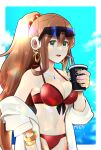  1girl android bikini bird bracelet breasts brown_hair commentary_request cup earrings eyes_visible_through_hair green_eyes hair_between_eyes high_ponytail highres holding holding_cup iris_(mega_man) iris_-another-_(mega_man) jacket jewelry large_breasts long_hair looking_at_viewer mega_man_(series) mega_man_x_(series) mega_man_x_dive necklace ocean open_mouth ponytail red_bikini rikka_(user_hruv2435) robot_ears robot_girl seagull signature solo sunglasses swimsuit very_long_hair white_jacket 