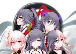  5girls absurdres bangs black_choker black_hair black_shirt blue_eyes casual choker closed_mouth detective earrings fu_hua fu_hua_(azure_empyrea) fu_hua_(night_squire) fu_hua_(phoenix) fu_hua_(shadow_knight) fu_hua_(valkyrie_accipter) hair_ornament hair_over_one_eye heterochromia highres honkai_(series) honkai_impact_3rd jewelry long_hair looking_at_viewer looking_to_the_side monocle multiple_girls multiple_persona ponytail red_eyes shirt single_earring smile white_hair wzdbslolik 