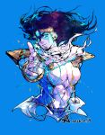  1boy armor black_hair blue_background blue_eyes center_opening colored_skin commentary_request crack fingerless_gloves floating_hair genderswap genderswap_(mtf) gloves highres jojo_no_kimyou_na_bouken jojo_pose long_hair looking_at_viewer male_focus muscular muscular_male pauldrons pectorals pointing pointing_at_viewer purple_hair scarf sherytan shoulder_armor shoulder_pads solo stand_(jojo) star_platinum stardust_crusaders white_scarf 