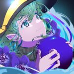  1girl anemone_(flower) aqua_eyes black_headwear closed_mouth commentary eyebrows_behind_hair flower green_hair hair_between_eyes hat hat_ribbon holding komeiji_koishi light_smile looking_up medium_hair mizoreshi portrait purple_flower ribbon solo split_mouth third_eye touhou yellow_ribbon 