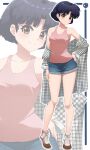  1girl absurdres bare_shoulders blue_hair blue_shorts brown_eyes closed_mouth collarbone denim denim_shorts english_commentary gora_t hand_on_own_hip highres jacket pink_shoes pink_tank_top plaid_clothes plaid_jacket ranma_1/2 shoes short_hair shorts smile solo tank_top tendou_akane 