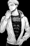  1boy abs black_background closed_mouth commentary compression_shirt greyscale hood hooded_jacket itadori_yuji jacket jujutsu_kaisen jujutsu_kaisen_modulo looking_to_the_side male_focus monochrome nay_bb pants pectorals scar scar_on_face scar_on_forehead scar_on_mouth short_hair simple_background solo teeth untranslatable_commentary unzipping zipper_pull_tab 