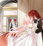  4girls apron bagel_sandica berry_(shoujo_no_nozomanu_eiyuutan) black_bow black_bowtie black_dress blush bow bowtie closed_eyes commentary_request dress indoors kiss kreschenta long_hair maid maid_apron master_and_servant multiple_girls off-shoulder_dress off_shoulder pink_eyes pink_hair princess red_hair shoujo_no_nozomanu_eiyuutan tiara white_apron white_background yuri 