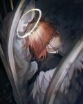  1boy 1girl angel angel_devil_(chainsaw_man) angel_wings chainsaw_man commentary english_commentary formal_clothes from_above halo highres long_hair niarss solo traditional_halo weibo_username white_wings wings 
