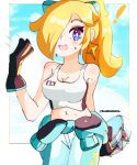  absurdres bare_shoulders blonde_hair clothes_around_waist hair_over_one_eye highres hoshinokotta jacket jacket_around_waist looking_at_viewer mario_(series) mario_kart mario_kart_world rosalina rosalina_(pro_racer) solo 