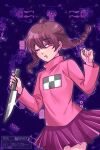  1girl artist_name blue_background braid brown_hair commentary cowboy_shot glint highres holding holding_knife knife looking_at_viewer madotsuki medium_hair one_eye_closed parted_lips pink_sweater purple_skirt red_eyes skirt solo sweater twin_braids untranslatable_commentary watermark xenvita yume_nikki 