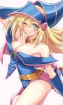  1girl arm_behind_head bangs bare_shoulders blonde_hair blue_eyes blue_headwear blush blush_stickers breasts cleavage closed_mouth dark_magician_girl duel_monster highres large_breasts long_hair looking_at_viewer mitsuria_(kanesho1102) one_eye_closed pentacle solo thighs yu-gi-oh! yu-gi-oh!_duel_monsters 