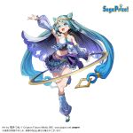  1girl aqua_eyes aqua_hair aqua_shoes blue_hair breasts commentary_request company_name cone_hair_bun copyright_notice detached_sleeves double_bun figure_available fuku_kitsune_(fuku_fox) full_body gradient_hair hair_bun hatsune_miku merchandise_available multicolored_hair official_art open_mouth puffy_sleeves purple_skirt second-party_source shoes skirt solo tongue translation_request twintails veil vocaloid web_address white_background 