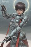  1girl absurdres armor artist_name belt black_gloves black_hair blue_eyes breastplate brown_belt cape closed_mouth commentary cowboy_shot dual_wielding earrings full_armor gauntlets gloves halo halo_behind_head highres holding holding_sword holding_weapon jee-hyung_lee jewelry knight lips looking_at_viewer multiple_belts nose original outdoors pauldrons red_cape ribbon short_hair shoulder_armor snowing solo sword watermark weapon 