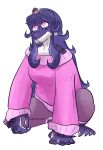  1boy 1girl athena_(j_stocky) commentary fakemon giant highres j_stocky monster_girl original pink_eyes pink_sweater pokemon purple_hair speculative_evolution sweater tall_female untranslatable_commentary 