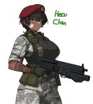  arm_tattoo bandaid bandaid_on_face bandaid_on_nose beret black_gloves black_hair breasts camouflage camouflage_jacket camouflage_pants character_name closed_mouth commentary dark-skinned_female dark_skin english_commentary finger_on_trigger formicid gauze gauze_on_cheek gloves green_eyes grenade_launcher grey_jacket grey_pants gun h&amp;k_mp5 half-life_(series) half-life_1 hat hecu_marine highres holding holding_gun holding_weapon jacket large_breasts m203 pants red_hat short_hair simple_background sleeves_rolled_up submachine_gun tattoo underbarrel_grenade_launcher walkie-talkie weapon white_background 