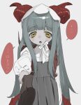  1girl absurdres commentary curled_horns dress grey_hair headscarf highres holding holding_staff horizontal_pupils horns long_hair long_sleeves looking_at_viewer mumukyabi open_mouth original pinafore_dress red_horns simple_background sleeveless sleeveless_dress speech_bubble staff straight_hair translated upper_body white_headscarf yellow_eyes 