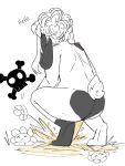 absurd_res anthro bodily_fluids butt crouching digital_media_(artwork) female floppy_ears flower fur genital_fluids hair hi_res lagomorph leporid lop_ears mammal nude peeing plant rabbit raveneevee rear_view simple_background sketch skull_and_crossbones solo tail text urine urine_stream watersports white_background