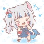  >_< +++ 1girl :d animal_ears bag blue_dress blue_hair blush_stickers brown_sandals cat_ears chibi closed_eyes colored_shadow commentary_request cube_hair_ornament dress facing_viewer fins fish_tail gawr_gura gawr_gura_(casual) grey_hair hair_ornament hands_up head_tilt highres hololive hololive_english long_hair mitarashi_neko multicolored_hair romaji_commentary sandals shadow shark_tail sharp_teeth shirt shoulder_bag side_ponytail sleeveless sleeveless_dress smile solo standing streaked_hair tail teeth very_long_hair virtual_youtuber white_shirt xd 