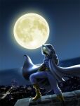  1boy abs arm_guards belt blonde_hair boots city_lights closed_mouth commentary_request faceless faceless_male from_side full_body full_moon gloves hood hood_up hooded_jacket horizon impossible_clothes impossible_shirt jacket long_sleeves matsuena_shun moon night ocean official_art open_clothes open_jacket pants shijou_saikyou_no_deshi_ken'ichi shirt short_hair sky solo standing tanimoto_natsu yellow_boots 