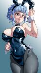  1girl alternate_costume animal_ears bare_shoulders black_bow black_bowtie black_leotard blue_hair blush bow bowtie braid breasts brown_eyes cleavage closed_mouth commission covered_navel crown_braid detached_collar fake_animal_ears fake_tail fire_emblem fire_emblem:_three_houses grey_pantyhose highleg highleg_leotard highres large_breasts laz_gm leotard lips looking_at_viewer marianne_von_edmund pantyhose pink_lips playboy_bunny rabbit_ears rabbit_tail short_hair sidelocks signature simple_background smile solo strapless strapless_leotard tail thighs wrist_cuffs 