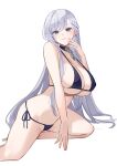  1girl absurdres azur_lane belfast_(azur_lane) bikini braid breasts broken broken_chain chain cleavage collar half_up_braid highres large_breasts long_hair looking_at_viewer marumai purple_eyes side-tie_bikini_bottom solo string_bikini swimsuit white_background white_hair 