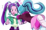  2girls animification aqua_hair aqua_jacket aria_blaze aria_blaze_(human) belt blue_hair blue_outline blue_skin blush boots colored_skin commentary equestria_girls:_rainbow_rocks glomp hair_ornament hands_up hug jacket long_hair multicolored_hair multiple_girls my_little_pony my_little_pony:_equestria_girls my_little_pony:_friendship_is_magic open_clothes open_jacket open_mouth outline pink_boots pink_skirt ponytail purple_eyes purple_hair purple_jacket purple_skin ryuu_(ryuraconis) simple_background skirt sonata_dusk sonata_dusk_(human) star_(symbol) star_hair_ornament streaked_hair surprise_hug surprised sweatdrop twintails very_long_hair white_background yuri 