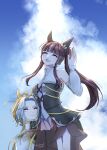 2girls absurdres ahoge animal_ears black_corset black_gloves blunt_bangs blush breasts brown_hair carrying closed_eyes closed_mouth coat commentary_request corset detached_sleeves ear_covers epaulettes gloves hair_between_eyes highres hisashimaitsuki horse_ears horse_girl jacket lifting_person long_hair long_sleeves lucky_lilac_(racing)_(umamusume) lucky_lilac_(umamusume) multicolored_hair multiple_girls on_shoulder open_mouth orange_hair orfevre_(control)_(umamusume) orfevre_(umamusume) purple_eyes shirt side_ponytail single_ear_cover sitting_on_shoulder skirt smile two-tone_hair umamusume waving white_coat white_hair white_shirt 