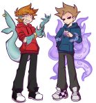 2boys abyss_(roblox) alternate_species animification antenna_hair arm_fins black_pants black_shoes blue_hoodie bound bracelet brown_hair ccai25 chain checkered_shoes chinese_commentary claws colored_extremities commentary_request drawstring eddsworld fins fish_boy fish_tail flipped_hair frown full_body gills gold_bracelet grin hair_behind_ear hair_ears head_fins highres hollow_eyes hood hood_down hoodie jewelry long_sleeves looking_at_viewer magic_bondage male_focus monster_boy monsterification multiple_boys pants red_hoodie roblox shark_boy shark_tail shoes short_hair simple_background smile sneakers spiked_hair standing tail tentacles tied_up_(nonsexual) tom_(eddsworld) tord_(eddsworld) white_background white_eyes 