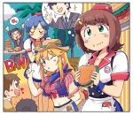  3girls 4boys :i amami_haruka anger_vein apron bandana bandana_around_neck blonde_hair blue_bandana blue_hair blush_stickers border breasts brown_hair brown_hat burger burger_girl_w_(idolmaster) burger_skater_(idolmaster) closed_eyes day food food_on_face green_eyes hand_up hat heart heart_in_eye hoshii_miki idolmaster idolmaster_(classic) idolmaster_2 idolmaster_stella_stage index_finger_raised kisaragi_chihaya long_hair midriff mini_hat multiple_boys multiple_girls navel no_hair_bow official_alternate_costume one_eye_closed outdoors producer_(idolmaster) shirt short_hair short_sleeves spoken_heart standing symbol_in_eye tears tsubobot waist_apron waitress white_apron white_border white_shirt 