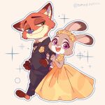  1boy 1girl :d animal_ears animal_feet animal_nose black_bow black_bowtie black_jacket black_pants bow bowtie commentary couple dress flower fox_boy fox_ears furry furry_female furry_male furry_with_furry head_wreath height_difference hetero highres holding_another's_arm interspecies jacket judy_hopps looking_at_another looking_at_viewer nick_wilde official_alternate_costume pants purple_eyes rabbit_ears rabbit_girl simple_background smile suit tomoe_(shoushou781) walking white_background yellow_dress yellow_flower zootopia zootopia_2 