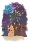  >_< :3 :d ;3 ;d aerial_fireworks animal animal_focus animal_with_hair animalization antenna_hair blue_hair brown_hair cat closed_eyes commentary_request crossed_bangs dehya_(genshin_impact) double-parted_bangs eyepatch fang fireworks genshin_impact hair_between_eyes highres hu_tao_(genshin_impact) kaeya_(genshin_impact) nasuka_gee no_humans one_eye_closed open_mouth orange_eyes orange_hair smile tartaglia_(genshin_impact) x3 xd 