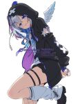  alternate_hairstyle amane_kanata amane_kanata_(cutesy_punk) angel black_shorts blue_nails colored_inner_hair commentary fishnets hair_ornament highres hololive kanzaki_hiro leg_belt leg_up leg_warmers multicolored_hair official_alternate_hairstyle shorts untranslatable_commentary virtual_youtuber white_wings wings x_hair_ornament 