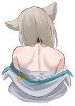  1girl absurdres arknights arknights:_endfield back bare_shoulders commentary cropped_torso english_commentary facing_away from_behind grey_hair grey_jacket highres jacket long_hair median_furrow mintmosse off_shoulder perlica_(arknights) simple_background solo white_background 