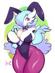  absurdres bow bowtie breasts cleavage gardevoir green_hair highres large_breasts leggings long_hair original playboy_bunny pokemon standing xpisigma 