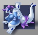 2025 anthro anus belly big_belly biped blue_body blue_tail blue_vulva blush blush_lines breasts clitoris clothing collar female generation_2_pokemon genitals hat headgear headwear hi_res humanoid_genitalia humanoid_vulva kerchief kerchief_on_tail leaking_vagina legendary_pokemon lugia motherlatias multicolored_body nintendo pokemon pokemon_(species) presenting presenting_crotch presenting_vulva purple_clothing red_eyes solo spread_legs spreading tail two_tone_body two_tone_tail vulva white_body white_tail