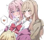  3girls amaori_renako ashigaya_high_school_uniform blonde_hair blush bow bowtie brown_eyes brown_hair collared_shirt commentary_request girl_sandwich hair_ornament hairclip heart kituneginoe long_hair medium_hair multiple_girls open_mouth ouzuka_mai parallel_hairclips pink_hair purple_eyes red_bow red_bowtie sandwiched school_uniform sena_ajisai shirt simple_background smile spoken_heart sweater_vest watashi_ga_koibito_ni_nareru_wake_naijan_murimuri! white_background white_shirt x_hair_ornament yuri 