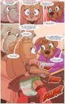 anthro beverage bloodhound blue_eyes bodily_fluids bottomwear brown_body brown_eyes brown_fur brown_outfit cafe canid canine canis clothed clothing clothing_lift coffee coffee_machine comic diaper domestic_dog dress elaina_frollicks_(paddedulf) electronics elephant elephantid embarrassed english_text female fur furniture genital_fluids green_eyes grey_body grey_skin group hi_res hunting_dog inside lagomorph legwear leporid male mammal paddedulf proboscidean purple_outfit rabbit scent_hound skirt skirt_lift stockings store text trio unclean_diaper upskirt urine used_diaper wet_diaper