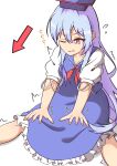  1girl arrow_(symbol) ayuyu_yuka03 blue_dress blue_hair blue_hat breasts cleavage collarbone commentary_request dot_nose dress feet_out_of_frame flying_sweatdrops frilled_dress frills hair_between_eyes hat highres kamishirasawa_keine light_blush long_hair medium_breasts neckerchief one_eye_closed open_mouth outstretched_arms outstretched_legs red_eyes red_neckerchief shirt short_sleeves simple_background solo sound_effects spread_legs stretching sweat touhou trembling v-shaped_eyebrows very_long_hair white_background white_shirt 