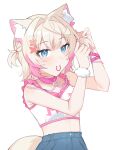  1girl adjusting_hair alonekm animal_ear_fluff animal_ears bare_shoulders blonde_hair blue_eyes blue_skirt closed_mouth commentary_request dog_ears dog_girl dog_tail hair_ornament highres hololive hololive_english looking_at_viewer midriff mococo_abyssgard mococo_abyssgard_(casual) official_alternate_costume pink_hair shirt short_hair skirt smile solo tail two_side_up virtual_youtuber white_background white_shirt x_hair_ornament 